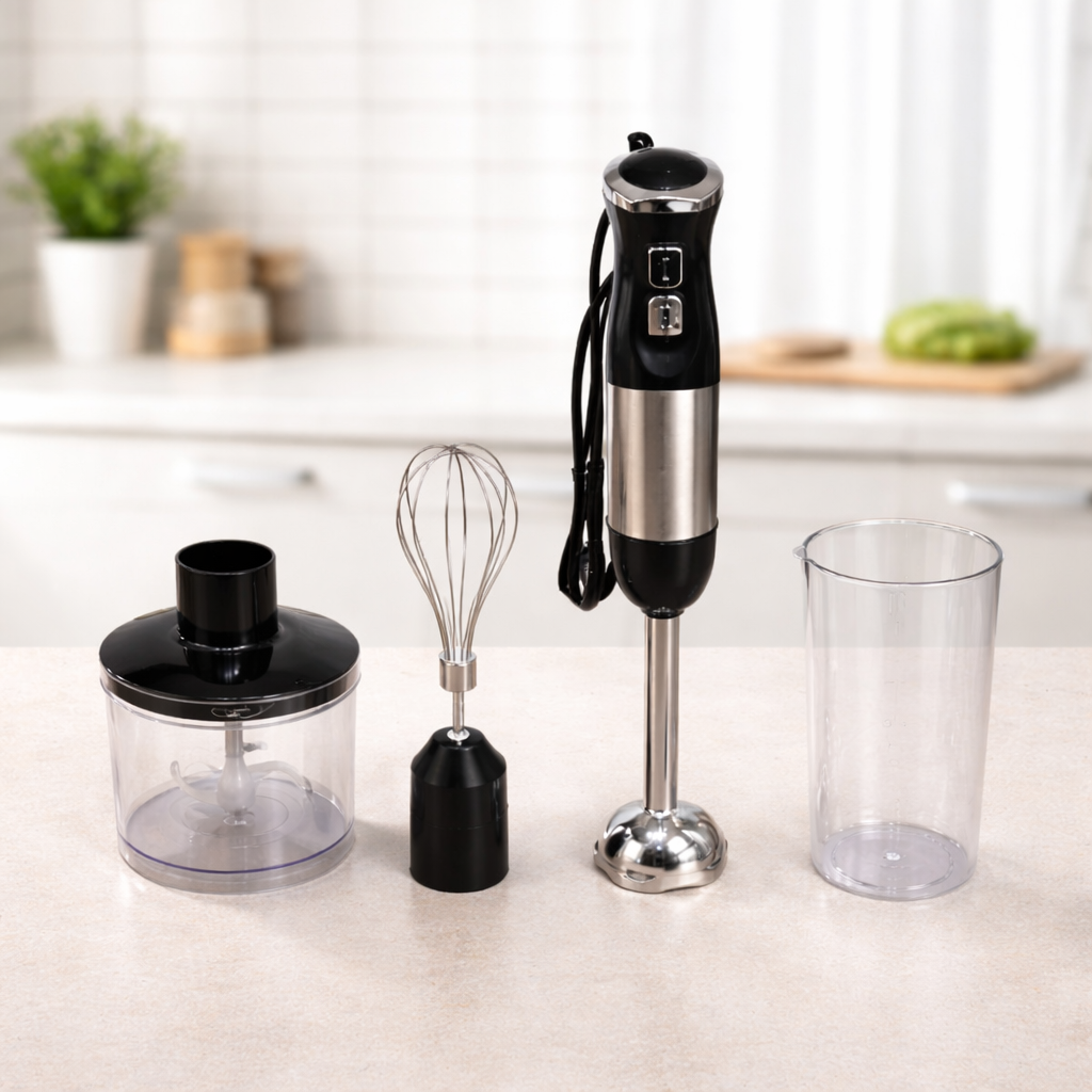 4 in 1 Hand Blender Set 500W Two Speed Stainless Steel Blades with Chopper Whisk and Beaker