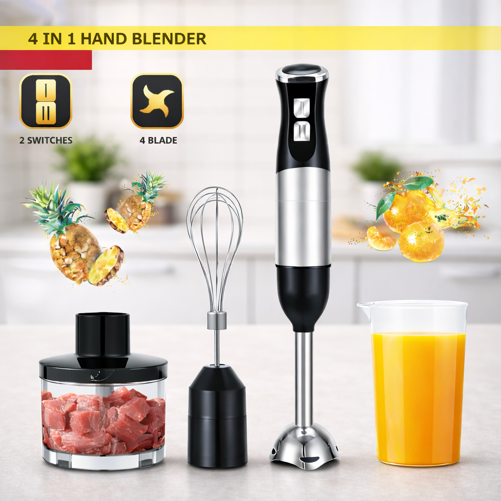 4 in 1 Hand Blender Set 500W Two Speed Stainless Steel Blades with Chopper Whisk and Beaker