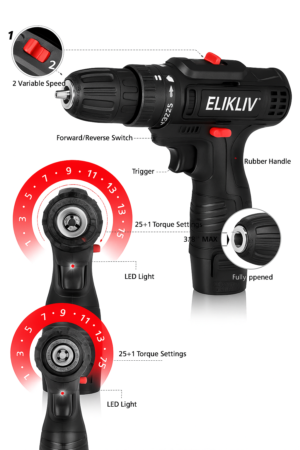 Lithium Electric Drill Cordless Power Tool Double Speed Rechargeable Screwdriver Set
