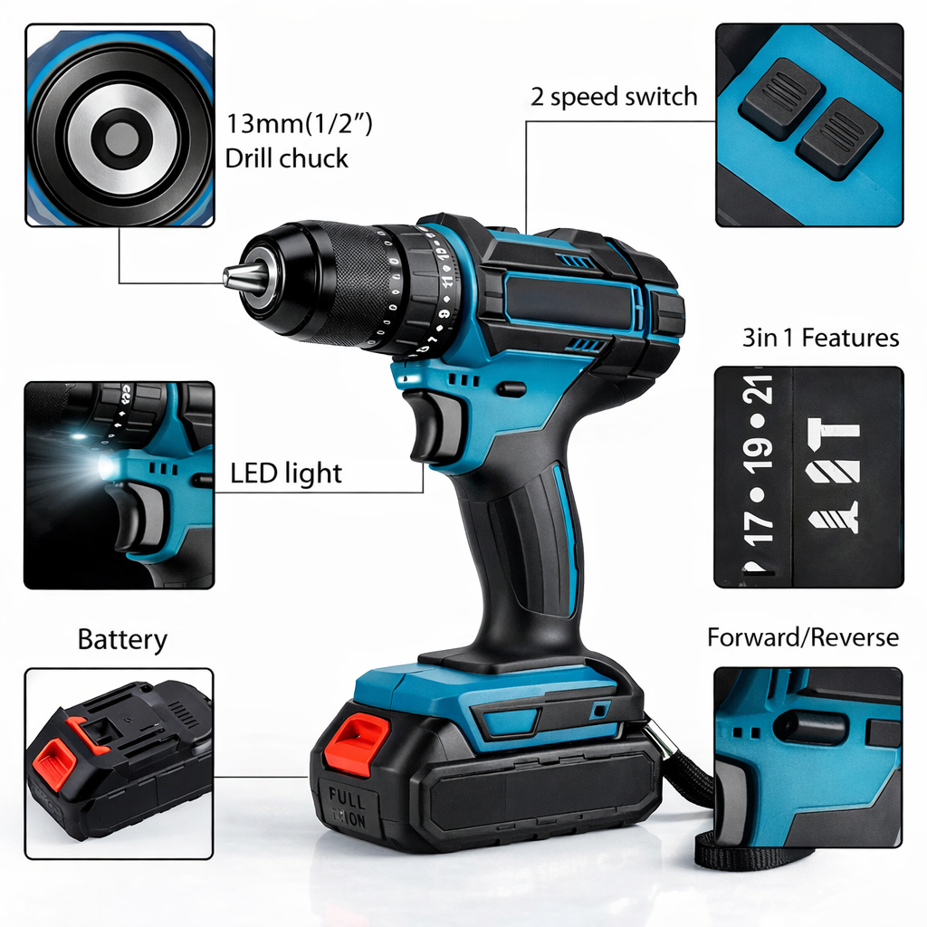 Double Lithium Cordless Electric Drill 128VF with 2 Rechargeable Batteries & Carry Case