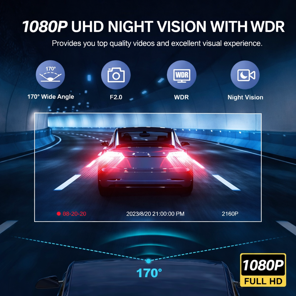 HD Vehicle Dash Camera DVR with 2.0" Screen, 170° Wide Angle, Loop Recording & G-Sensor